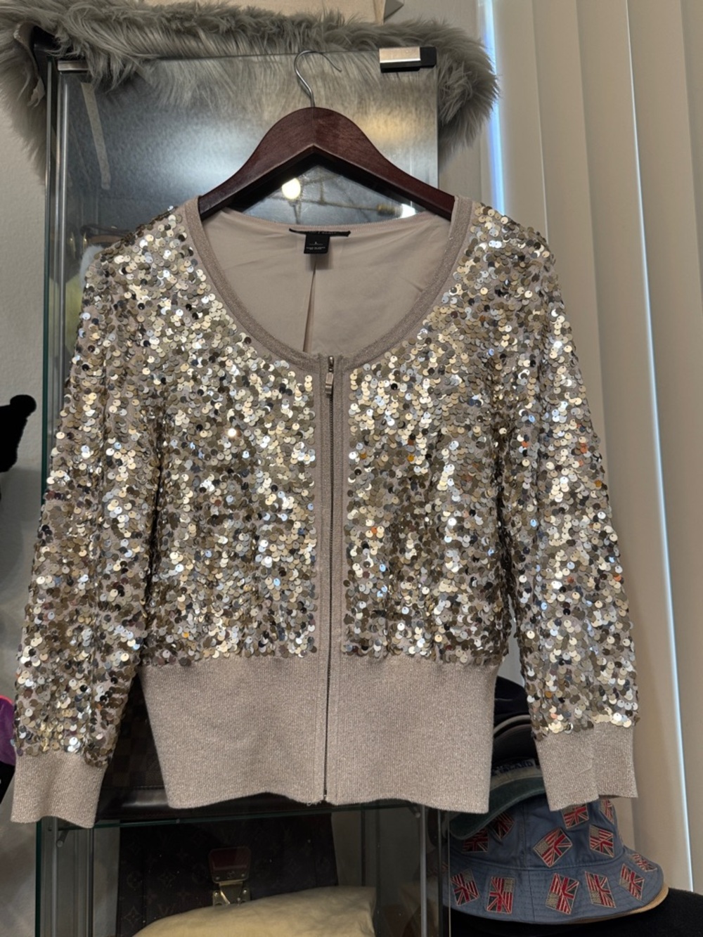White House Black Market Sequin Bling Zip Cardigan